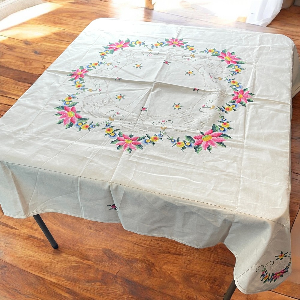 Hand Embroidered Floral Cross Stitch Cutwork Lace Card Bridge Tablecloth 48x48